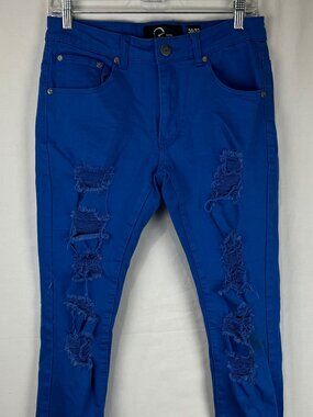 GUC RPM Mens Distressed Skinny Jeans Cobalt Royal Blue Ripped Denim 30x32